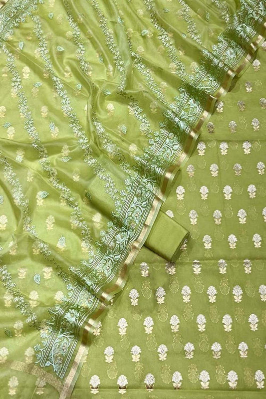 Elegant Green Banarasi Cotton Silk Suit with Embroidered Dupatta - Luxurion World