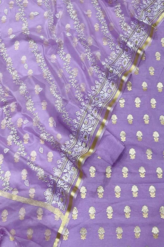 Elegant Purple Banarasi Cotton Silk Suit With Embroidered Dupatta - Luxurion World