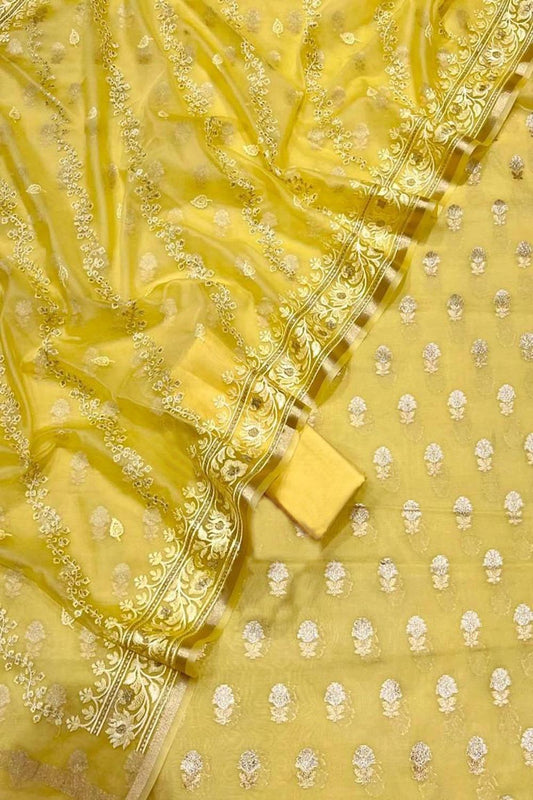 Yellow Banarasi Cotton Silk Suit with Embroidered Dupatta - Luxurion World