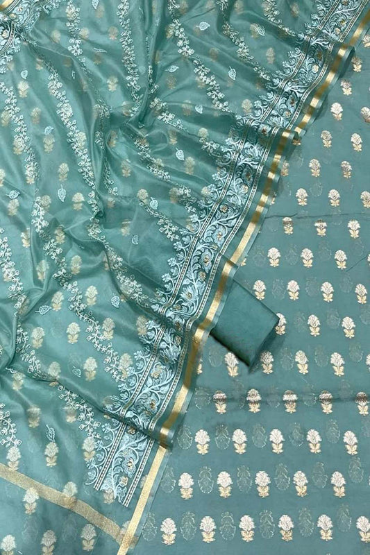 Elegant Blue Banarasi Cotton Silk Suit with Embroidered Dupatta - Luxurion World
