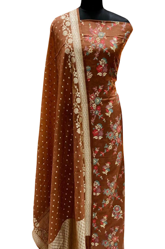 Elegant Brown Banarasi Cotton Silk Suit Set - Luxurion World
