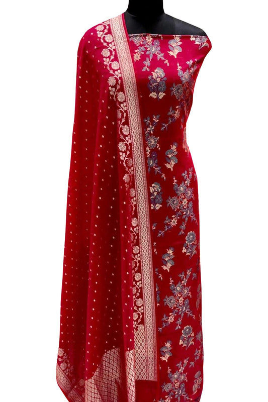 Stunning Red Banarasi Cotton Silk Suit Set - Luxurion World