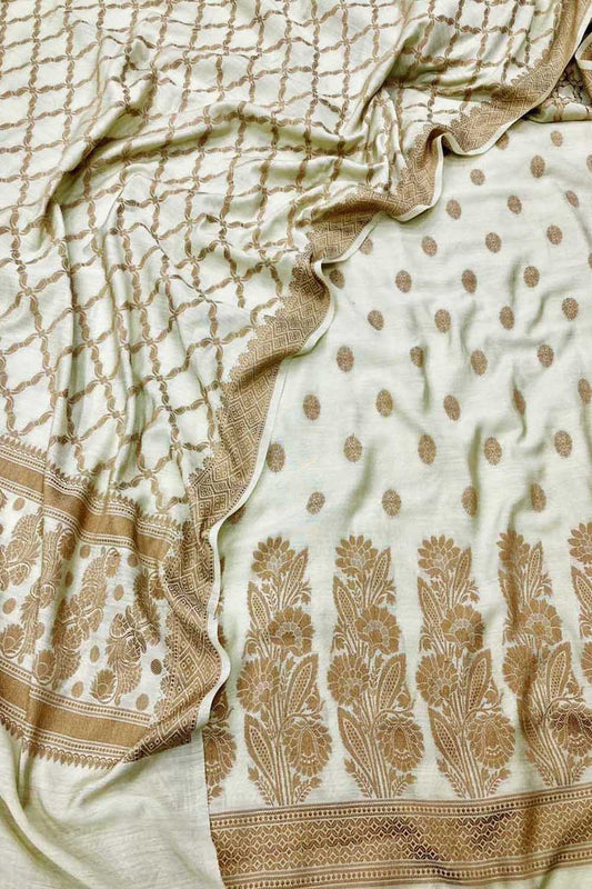 Elegant Off White Banarasi Silk Suit - Luxurion World