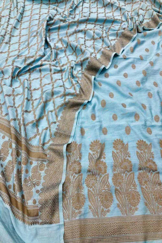 Elegant Blue Banarasi Chiniya Silk Suit