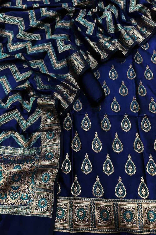Blue Banarasi Silk Unstitched Suit - Luxurion World