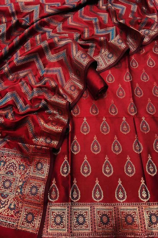Red Banarasi Silk Unstitched Suit - Luxurion World