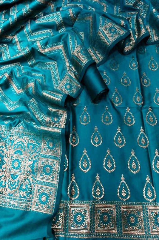 Blue Banarasi Silk Unstitched Suit