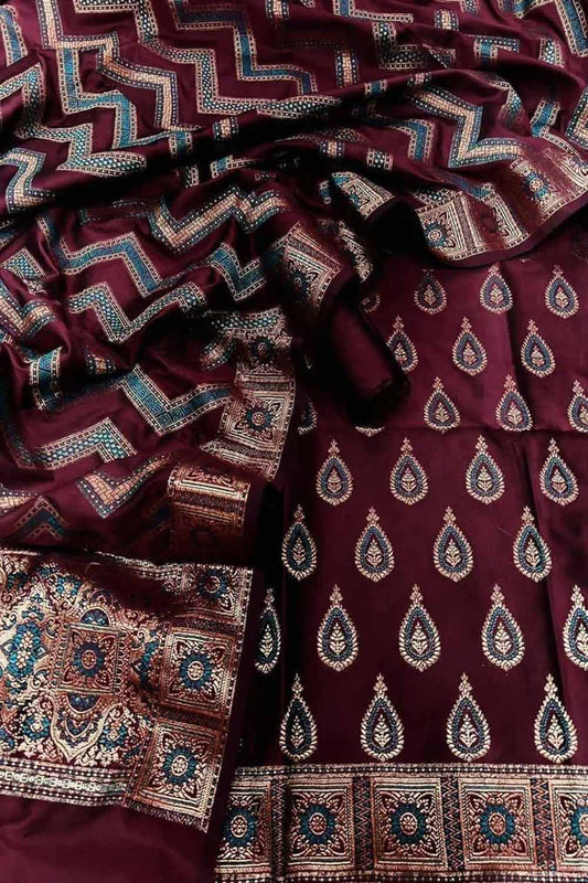 Maroon Banarasi Silk Unstitched Suit - Luxurion World