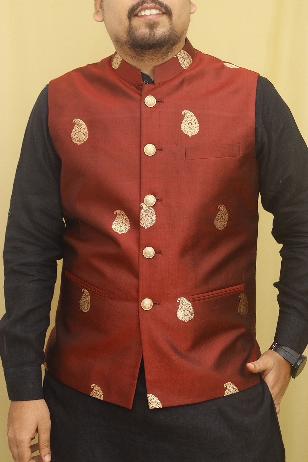 Plain Dupion Silk Nehru Jacket in Red : THU1097