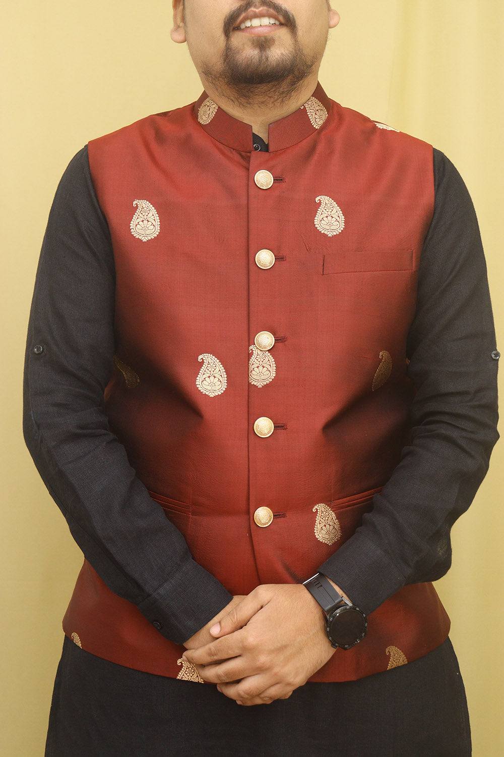 Wintage Men's Tweed Wool Festive and Casual Nehru Jacket Vest Waistcoat :  Red