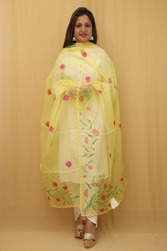 Yellow Hand Painted Organza Silk Scalloped Border Dupatta - Luxurion World