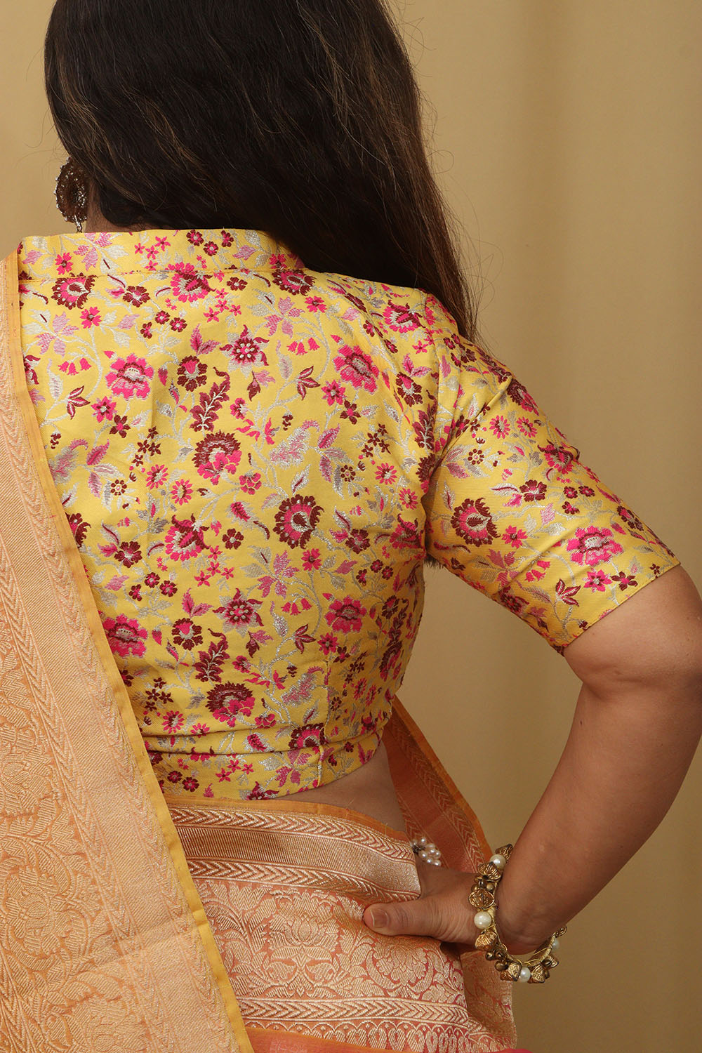 Yellow Banarasi Silk Meenakari Floral Design Collar Neck Blouse - Luxurion World