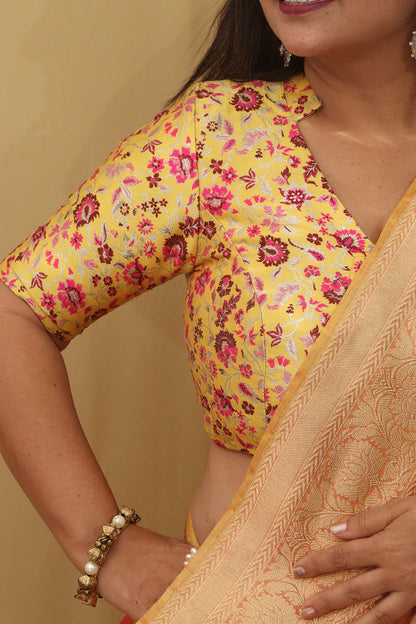 Yellow Banarasi Silk Meenakari Floral Design Collar Neck Blouse - Luxurion World