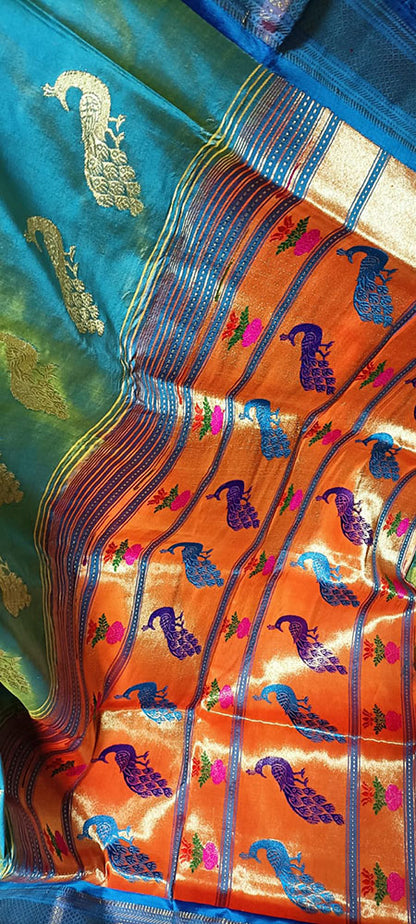 Blue And Yellow Shot Handloom Paithani Pure Silk Peacock Design Pallu Nine Yards Saree - Luxurion World