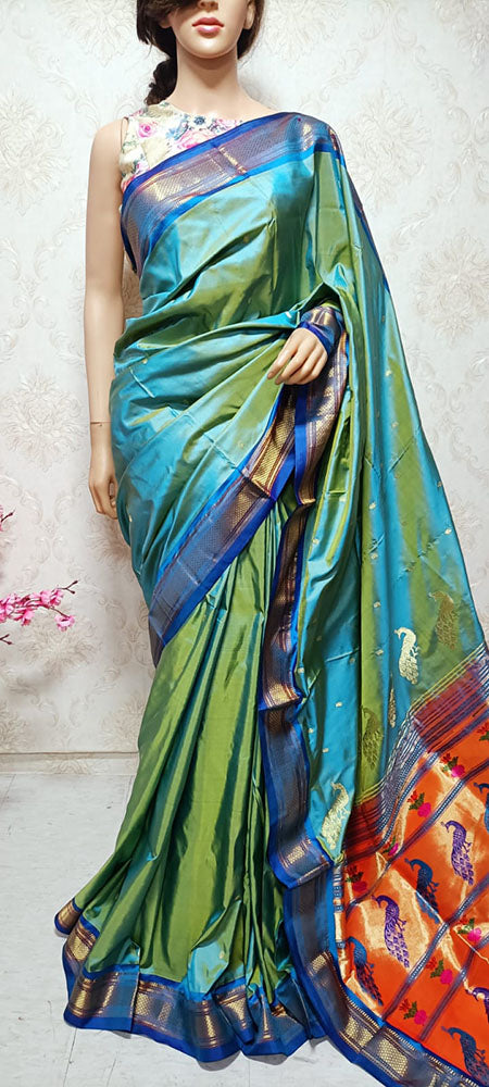 Light Green Handloom Kanchipuram Nine Yards Korvai Silk Saree