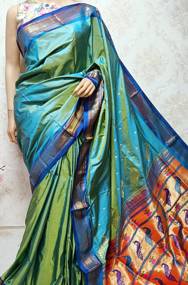 Blue And Yellow Shot Handloom Paithani Pure Silk Peacock Design Pallu Nine Yards Saree - Luxurion World