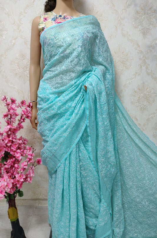 Blue Embroidered Chikankari Tepchi Pure Georgette Saree With Mukaish Work - Luxurion World