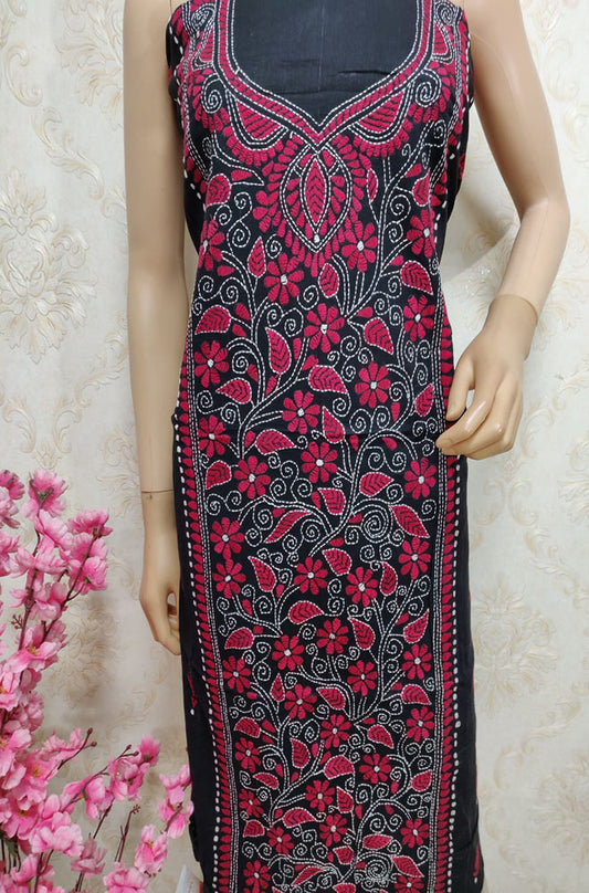 Black Hand Embroidered Kantha Cotton Unstitched Kurti - Luxurion World