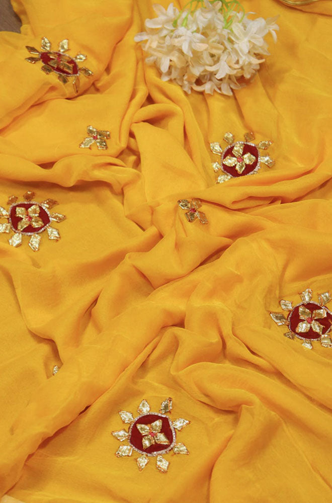 Yellow Hand Gota Patti Uppada Silk Saree - Luxurionworld – Luxurion World