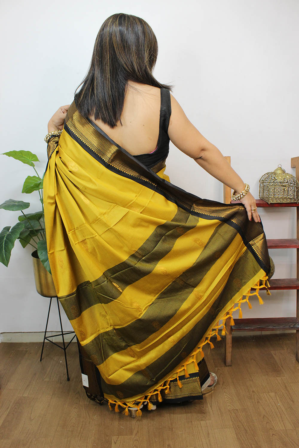 Yellow Satin Silk Saree With Black Blouse Indian Wedding, Festival and  Party Wear Saree Japan Satin Silk Sari Simple Saree USA, Canada - Etsy