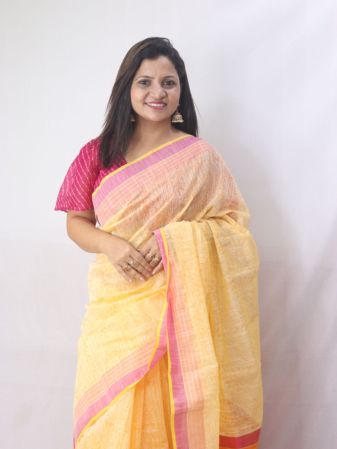 Grey checks with mustard yellow cotton silk saree with block print –  Dakshin Weaves