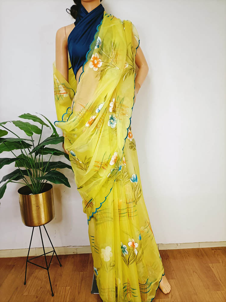 Buy Lemon Yellow Organza Saree online-Karagiri