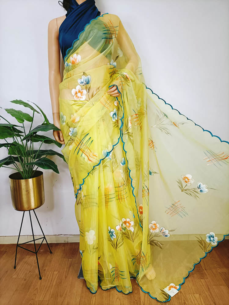 Yellow Organza Saree with Flower Printed Gota and Cut Work Border | Ma