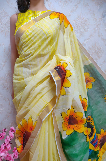 Stunning Yellow Hand Painted Kerala Cotton Saree - Shop Now