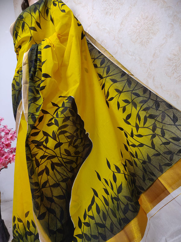 New Stylish Golden border Yellow and Black color Combination Sico cotton Silk  Saree for Women