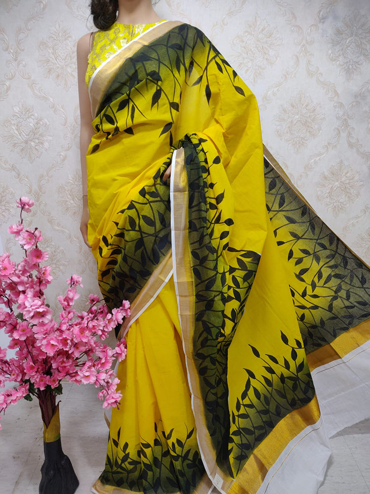 Yellow Hand Painted Pure Kerala Cotton Saree - Luxurionworld