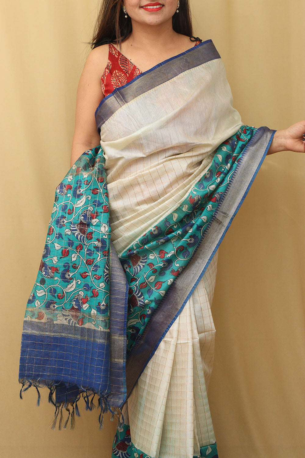 Crazy _go_collections - Original Chenderi (Half and Half) Patchwork with Kalamkari  border* Half portion Pure Cotton Kalamkari and Half portion Chenderi plain.  Saree length 5.50 mt Blouse Kalamkari 1 mt Price 799+$-