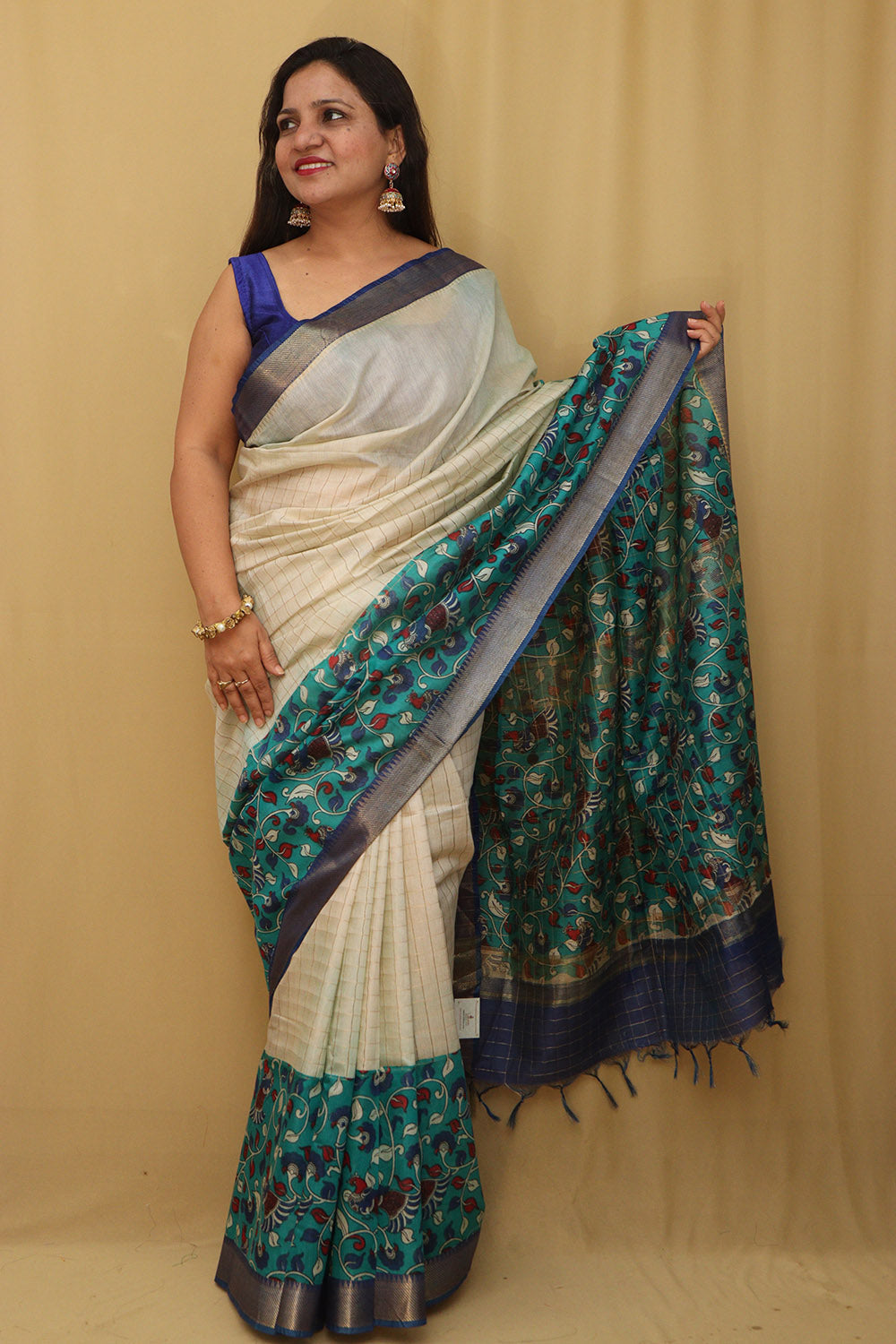 Magenta and Peacock Blue Kalamkari Cotton Saree – Sharvari's