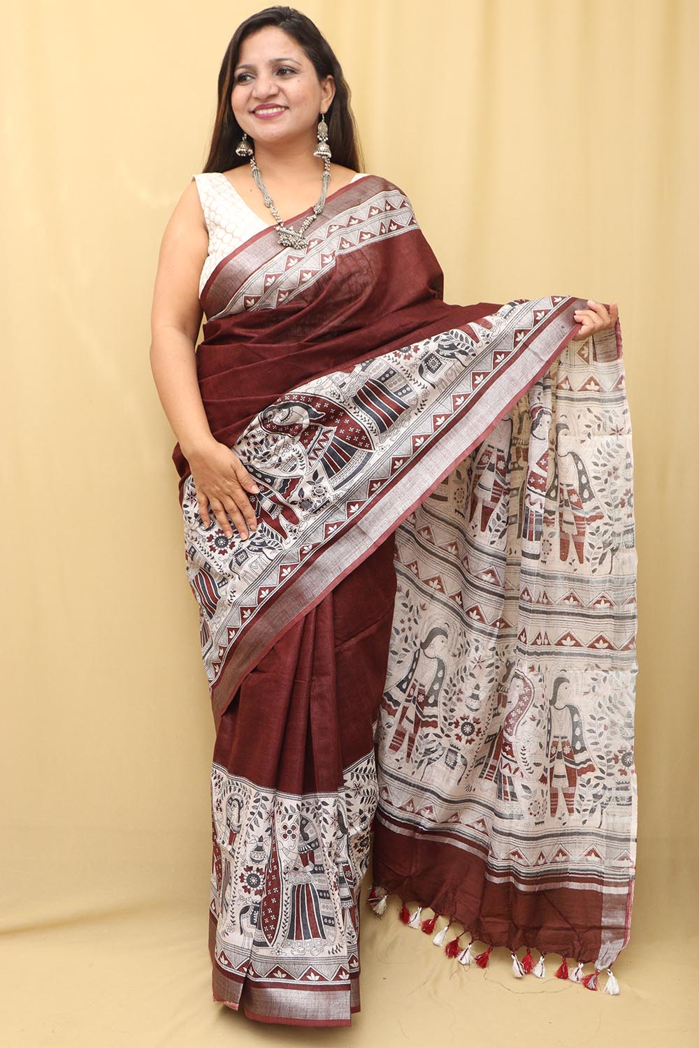 Madhubani Printed Tussar Ghicha Silk Saree || Peepal Clothing