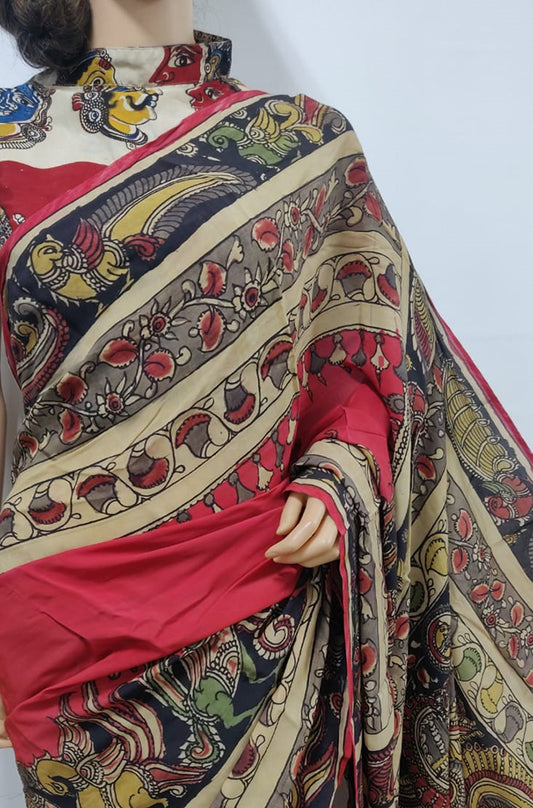 Multicolor Pen Kalamkari Pure Crepe Silk Saree - Luxurion World