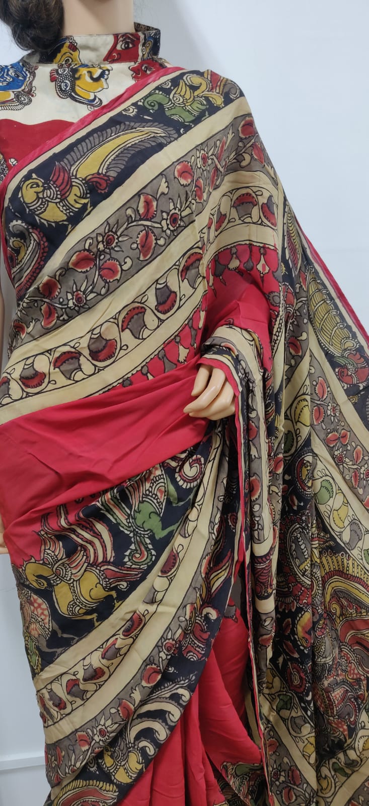 Multicolor Pen Kalamkari Pure Crepe Silk Saree - Luxurion World