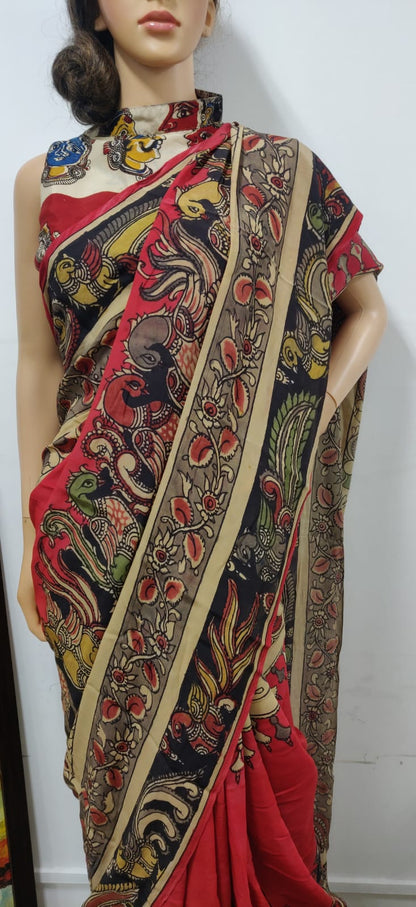 Multicolor Pen Kalamkari Pure Crepe Silk Saree - Luxurion World