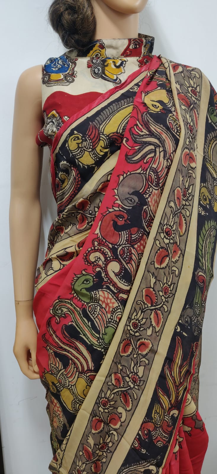 Multicolor Pen Kalamkari Pure Crepe Silk Saree - Luxurion World