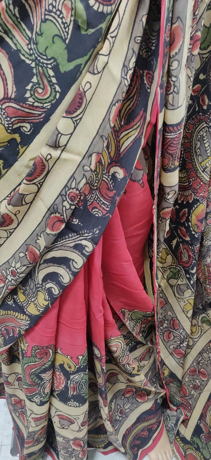 Multicolor Pen Kalamkari Pure Crepe Silk Saree - Luxurion World