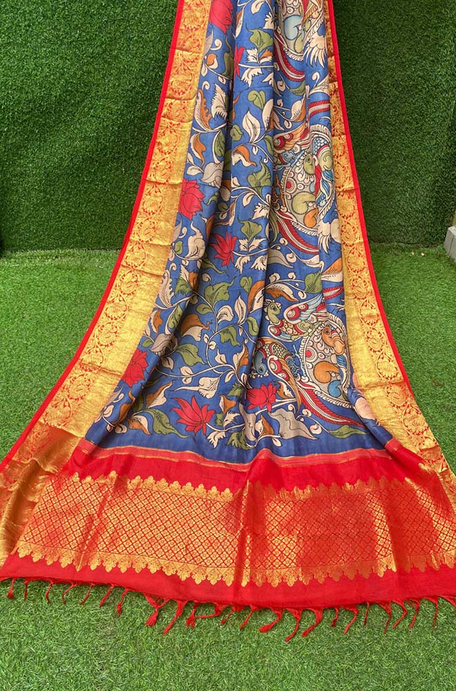 Kanchipuram Silk Kalamkari And Checks Yellow Saree | Kankatala