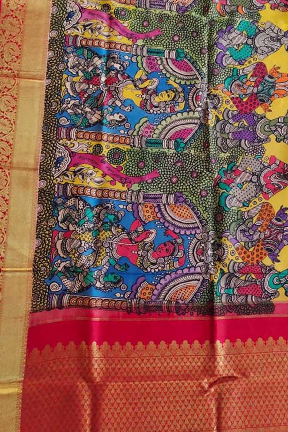 PD1K1KK523022405 Multicolor Pen Kalamkari Pure Silk Dupatta With Kanjeevaram Border