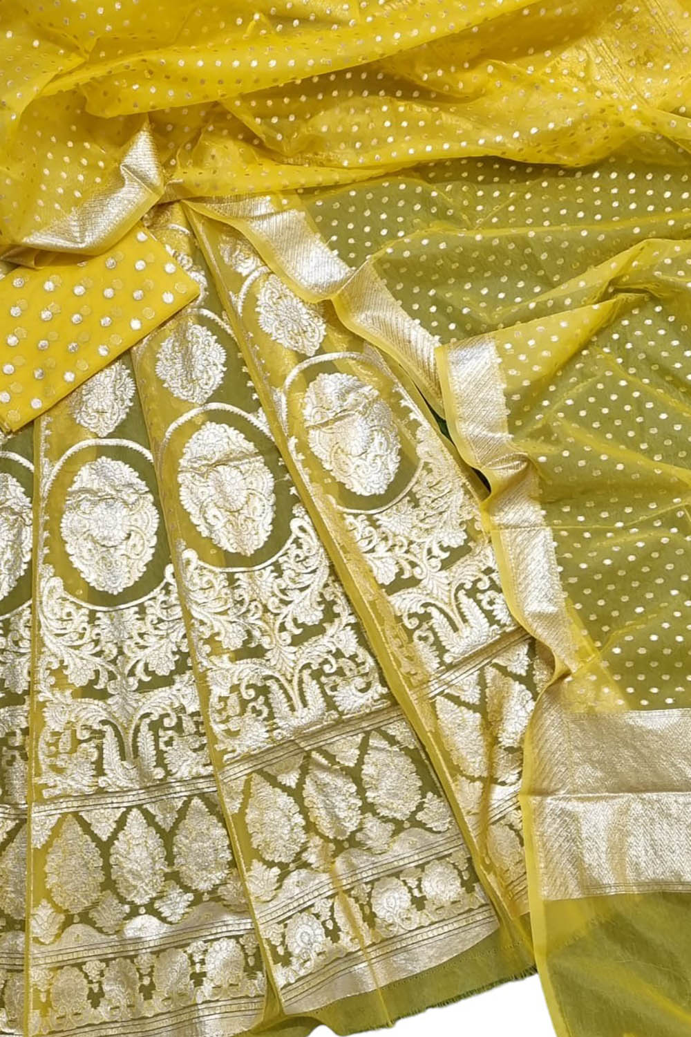 Shop the Unstitched Beauty: Yellow Banarasi Organza Silk Lehenga Set –  Luxurion World