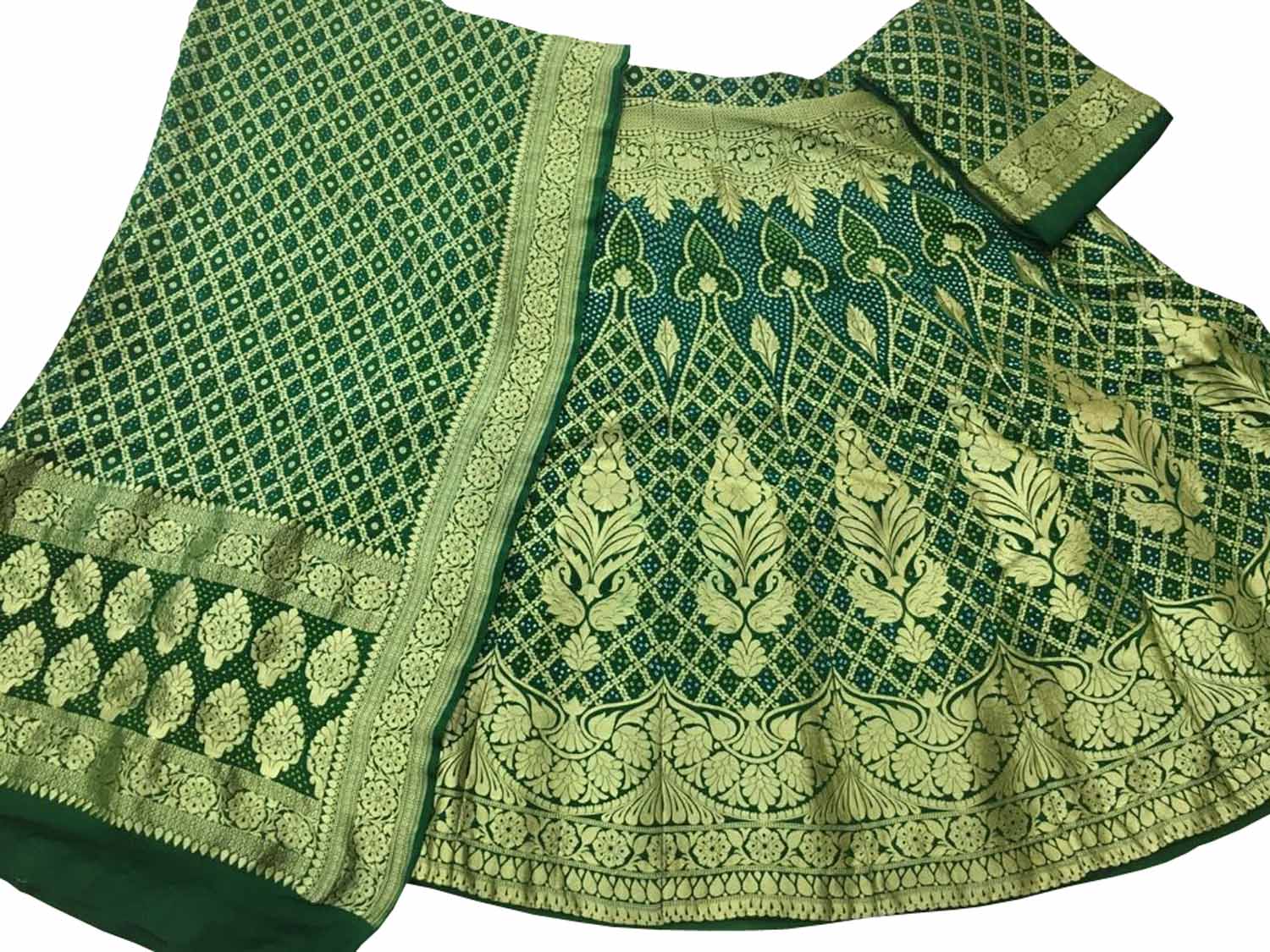 PL1B2KJ123112918 Green Banarasi Bandhani Pure Georgette Semi Stitched Lehenga 1