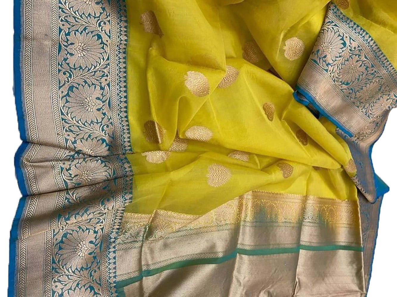 Astonishing Turquoise And Mustard Yellow Color Silk Base Saree