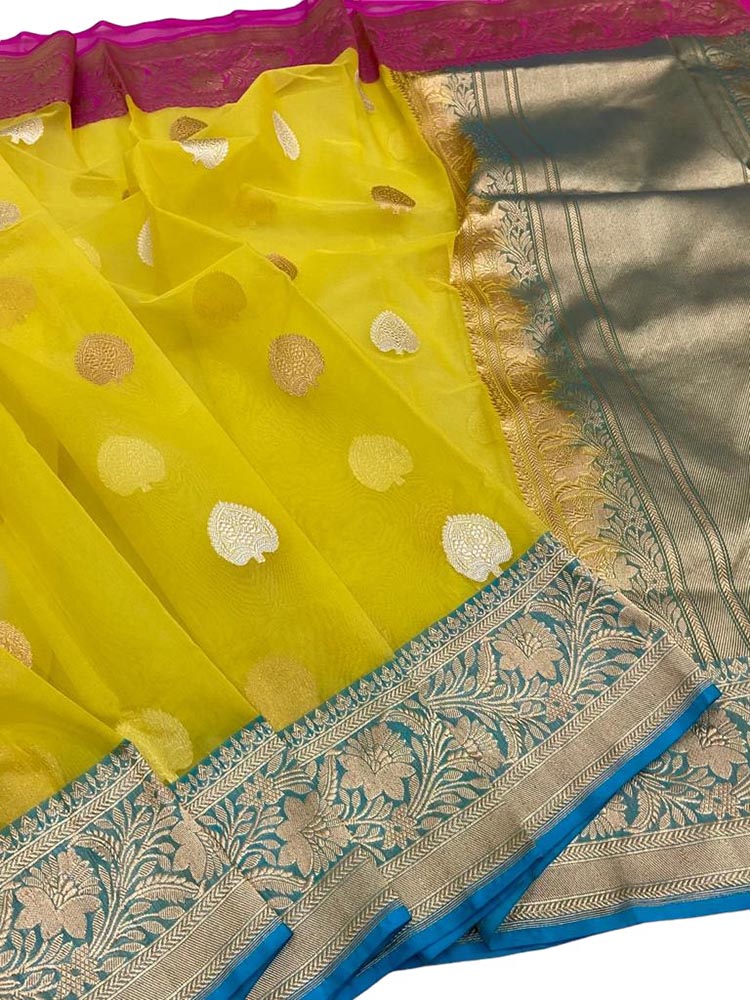 Yellow Color Pure Cotton Woven Design Handloom Saree – BharatSthali