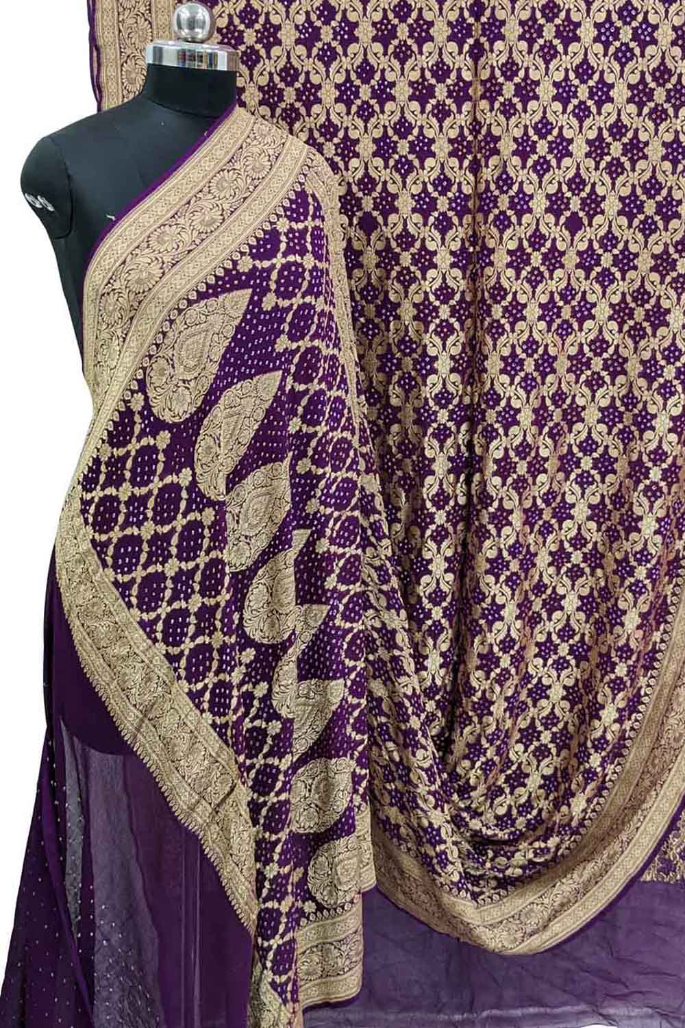 Purple and Rani Handloom Pure Khaddi Silk Georgette Banarasi Bandhej Saree  | Handloom Pure Silk Banarasi sarees, elegant dupatta, handwoven lehanga  and suits