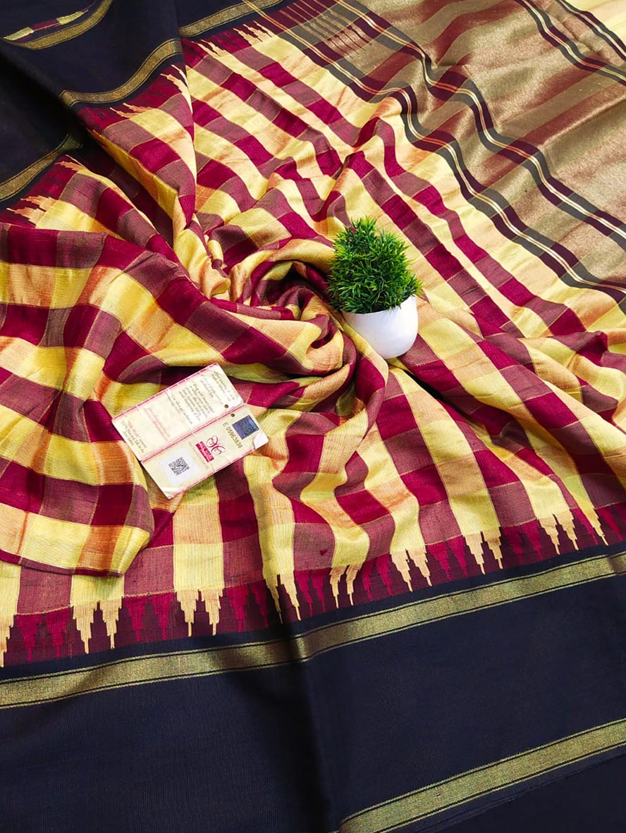 Buy Mustard Yellow Pure Raw Silk Saree With Pink and Black Temple Borders  With Checks Handwoven Saree Gift for Her SILK MARK CERTIFIED Online in  India - Etsy