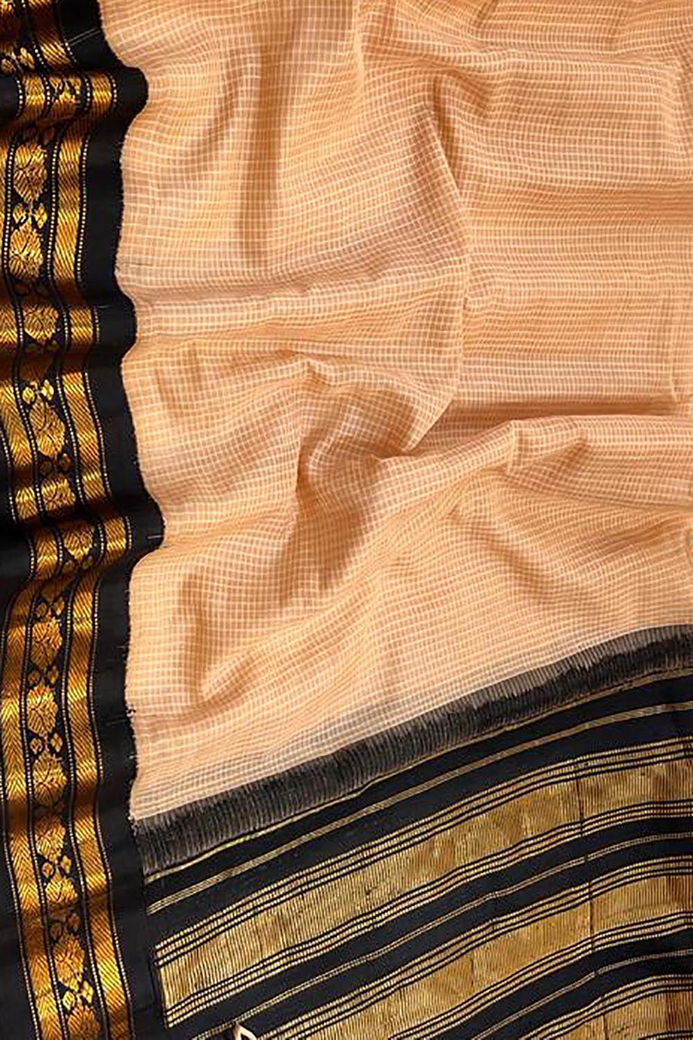 Beige - Pink Gadwal Handloom Pure Sico Saree with Temple Border - kashtii.in