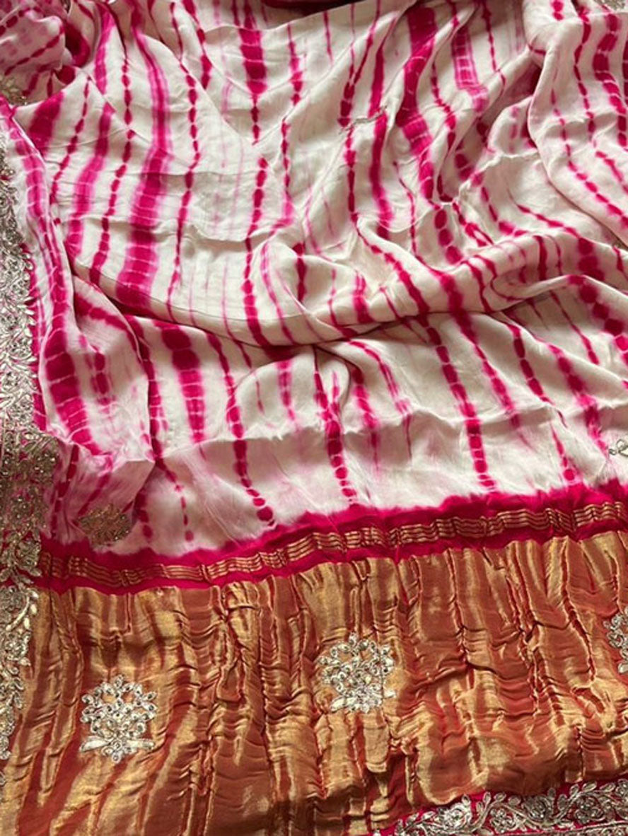 Off White And Pink Hand Gota Patti And Zarkan Work Pure Gajji Silk Shibori  Saree - Buy Now
