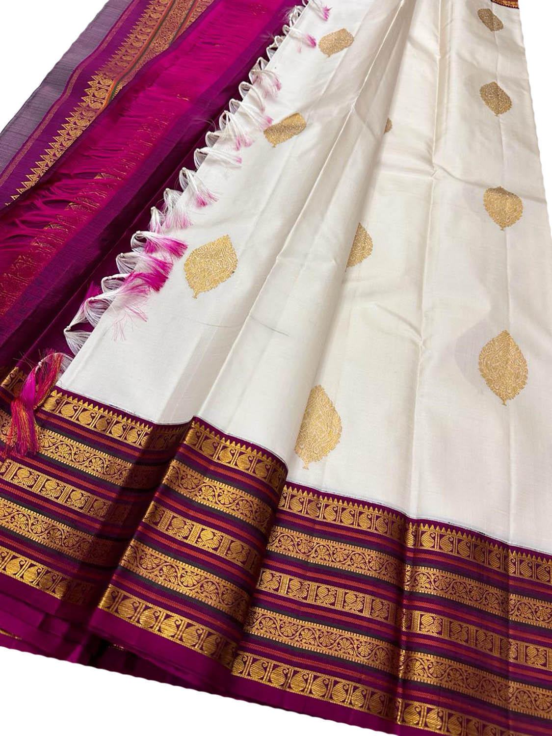 Half White Colored Kanchipuram Pure Silk Saree | Checks saree, Bridal silk  saree, Saree designs