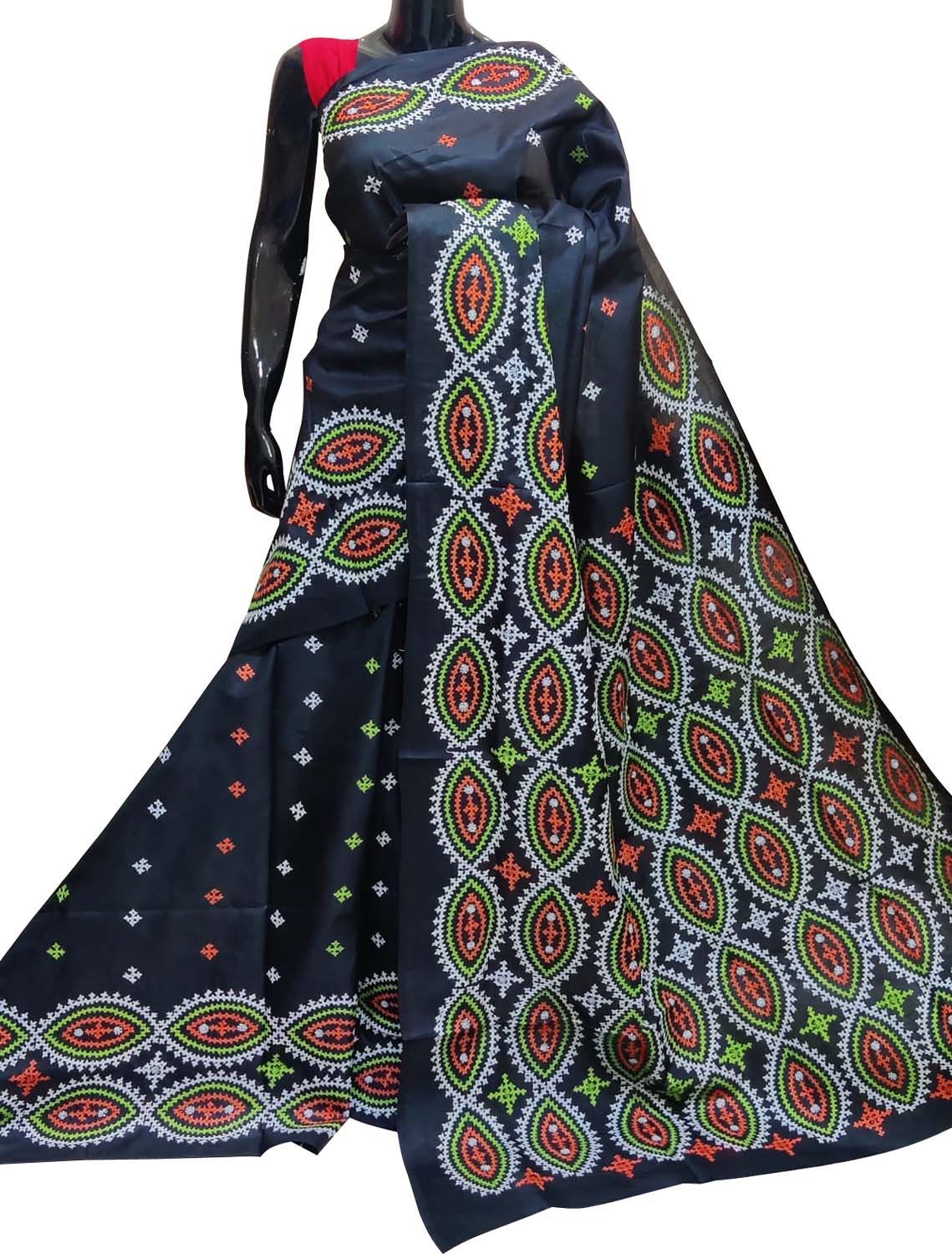 Buy Pherozi Blue Hand-Embroidered With Gujarati Stitch Dupion Silk Saree  (With Blouse) 16379 | www.maanacreation.com